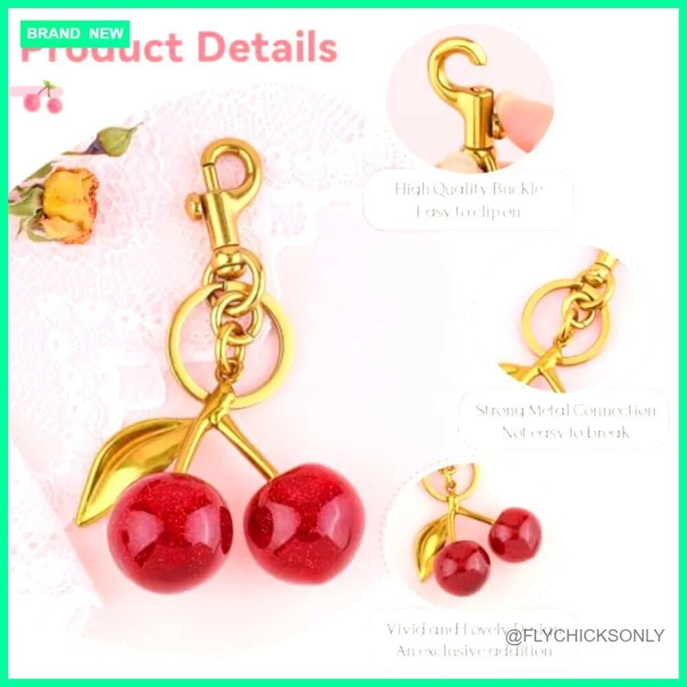 Cherry Bag Charm Keychain for Handbags, Alloy and Resin Material